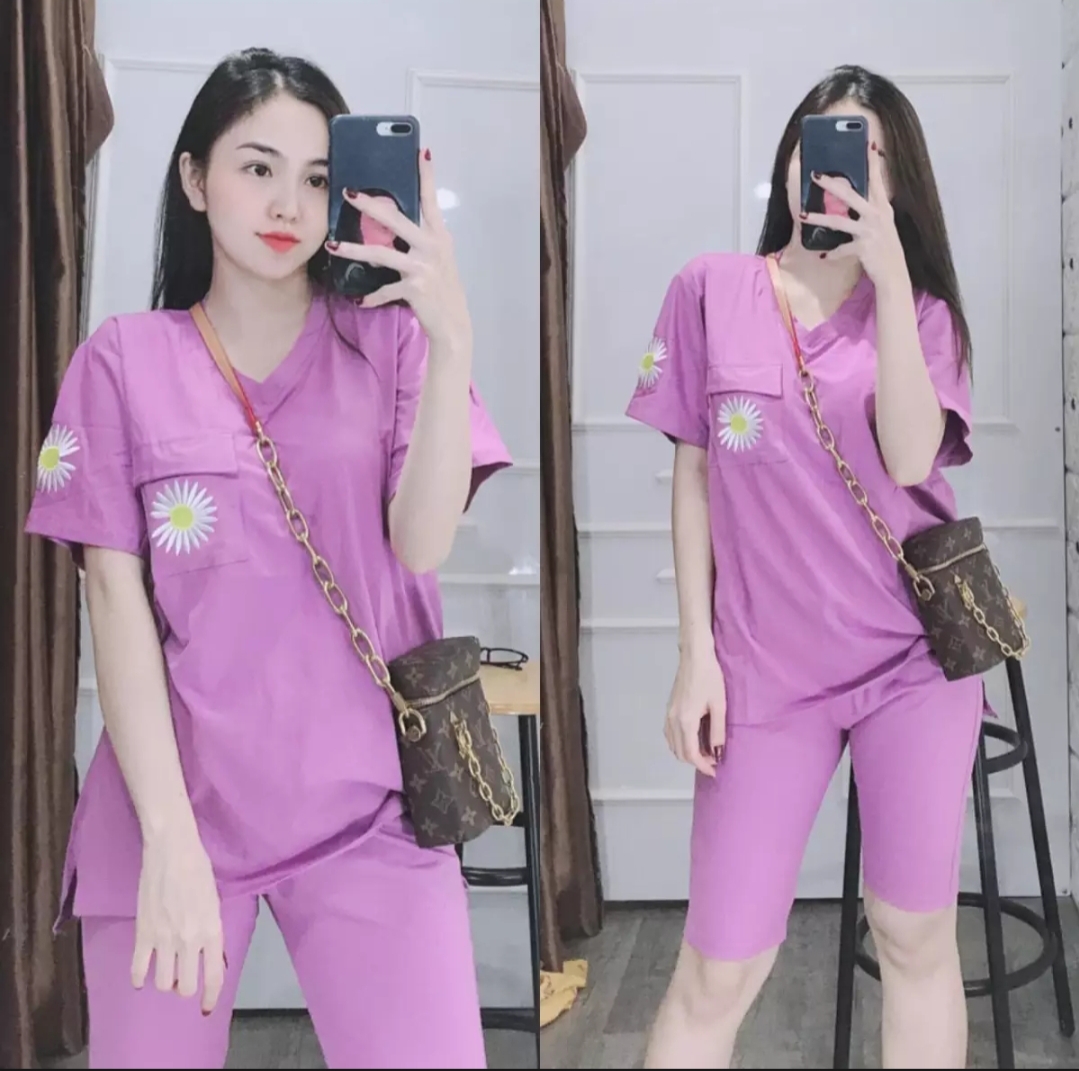 [HCM]Set Bộ Lửng Mặc Nhà In Hình Hoa Cúc Phối Túi Cổ Tim Dễ Thương Vải Dày Mịn Mát Thiết Kế Thời Trang ( TÍM )