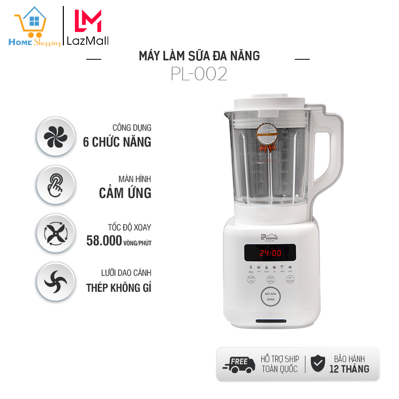 Máy làm sữa hạt đa năng PL-002, công suất 800W, chất liệu thủy tinh borosilicate chịu lực chịu nhiệt độ cao, hàng chính hãng, bảo hành 12 tháng, đổi trả 7 ngày nếu lỗi sản phẩm