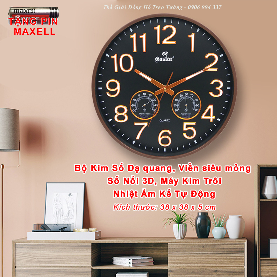 Đồng Hồ Treo Tường Eastar Tròn 40 cm có DẠ QUANG và NHIỆT ẨM KẾ Tự Động - Máy Kim Trôi Nhật - Tặng Pin Maxell - Bảo Hành 1 Năm