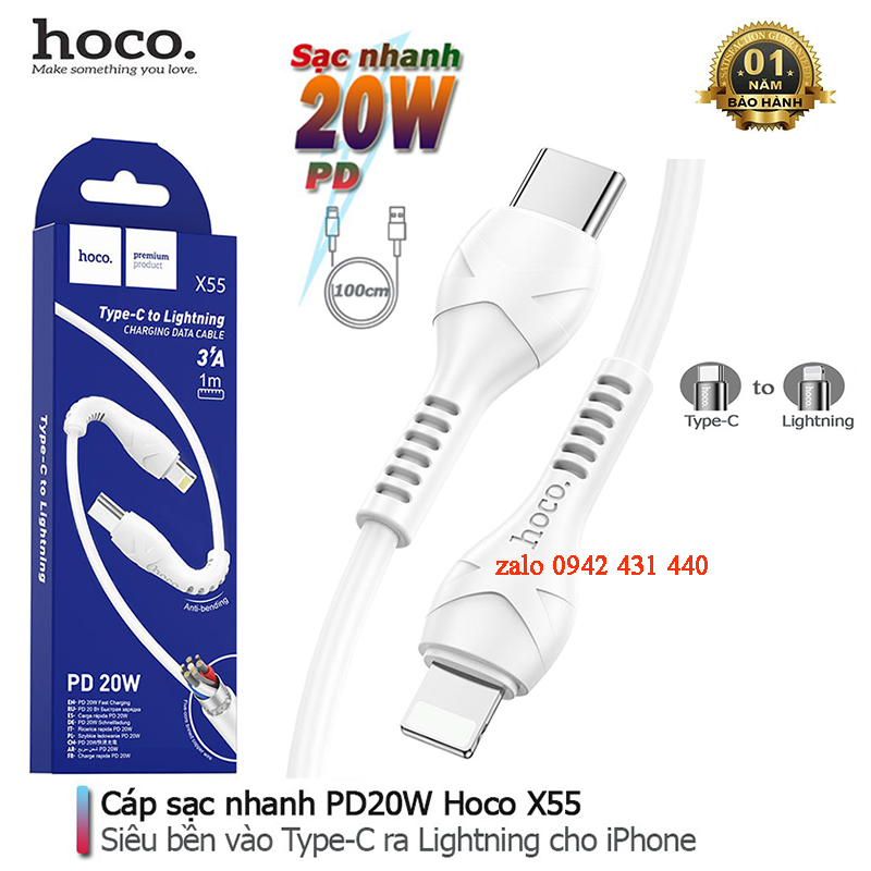 Cáp sạc nhanh hoco x55 dòng pd 20w vào type-c ra lightning cho iphone, ipad dây dài 1m