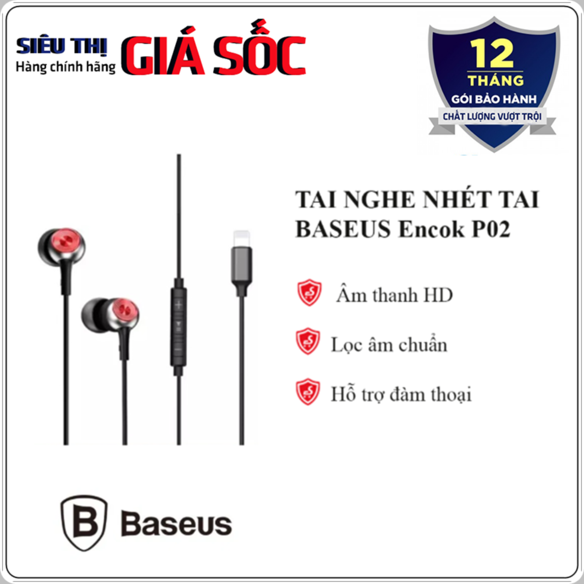 Tai nghe nhét tai thương hiệu Baseus Encok P02 chuẩn Lighning âm thanh HD Stereo Bass, lọc nhiễu và tiếng ồn, hỗ trợ đàm thoại cho điện thoại iPhone 7,8,X, Xs Max