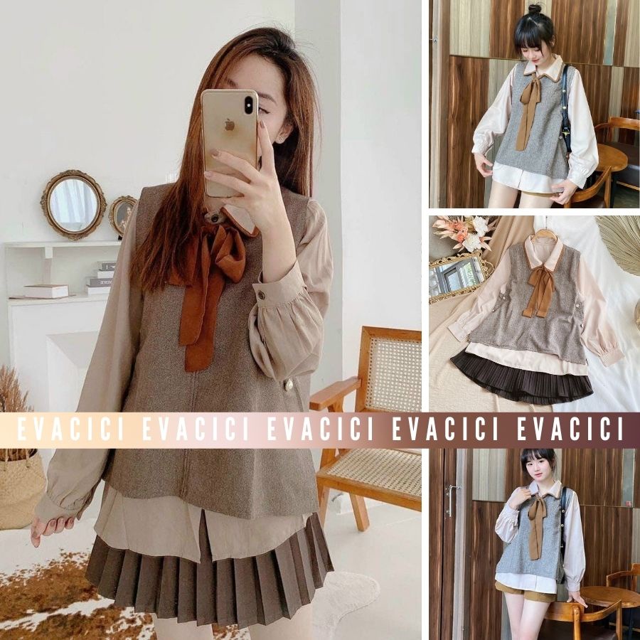 Set áo sơ mi cổ bèo buộc nơ kèm gile nâu sang chảnh thời trang. Mua 1 được 2 sơ mi kèm gile tách riêng.