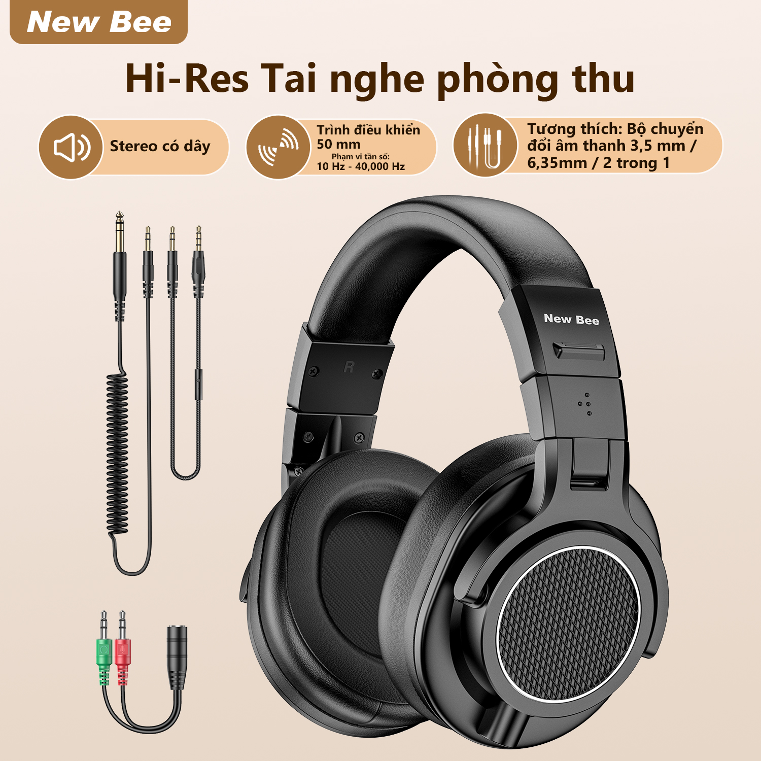 New Bee DH81 Hi-Res Studio Headphone Wired Monitor Headphones Tai nghe màn hình stereo DJ trên đầu Tai nghe có dây Màn hình Studio chuyên nghiệp & Trộn cánh tay kính thiên văn với quy mô Được xây dựng trong trình điều khiển loa lớn 50mm