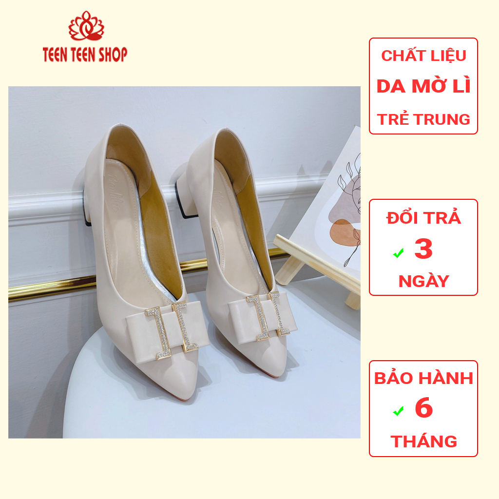 Giày nữ cao 3p mũi nhọn có đính nơ kèm khóa chữ H bằng đá sang chảnh đi tiệc, Hài nữ kiểu mới đế vuông cao 3p.