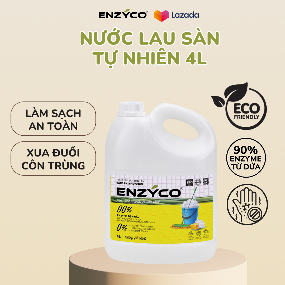 Nước lau sàn sinh học ENZYCO can 4L - 90% Enzyme từ dứa thân thiện môi trường, 0% chất tẩy công nghiệp, hương liệu tạo màu, mùi, hóa chất độc hại - Hương sả chanh