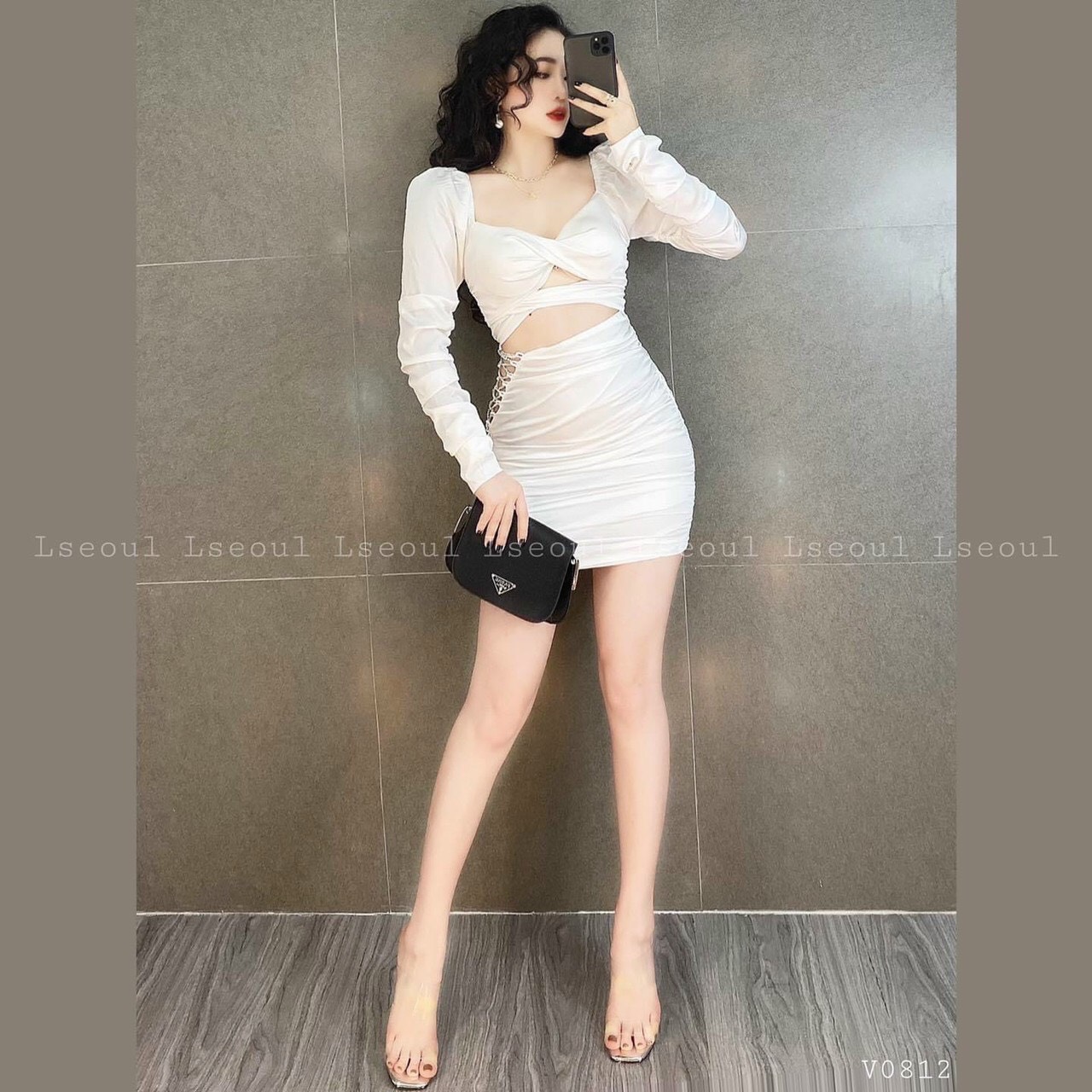 Đầm ôm body tay rút dài cô xoắn ngực khoét eo phối dây đan eo siêu sexy5464