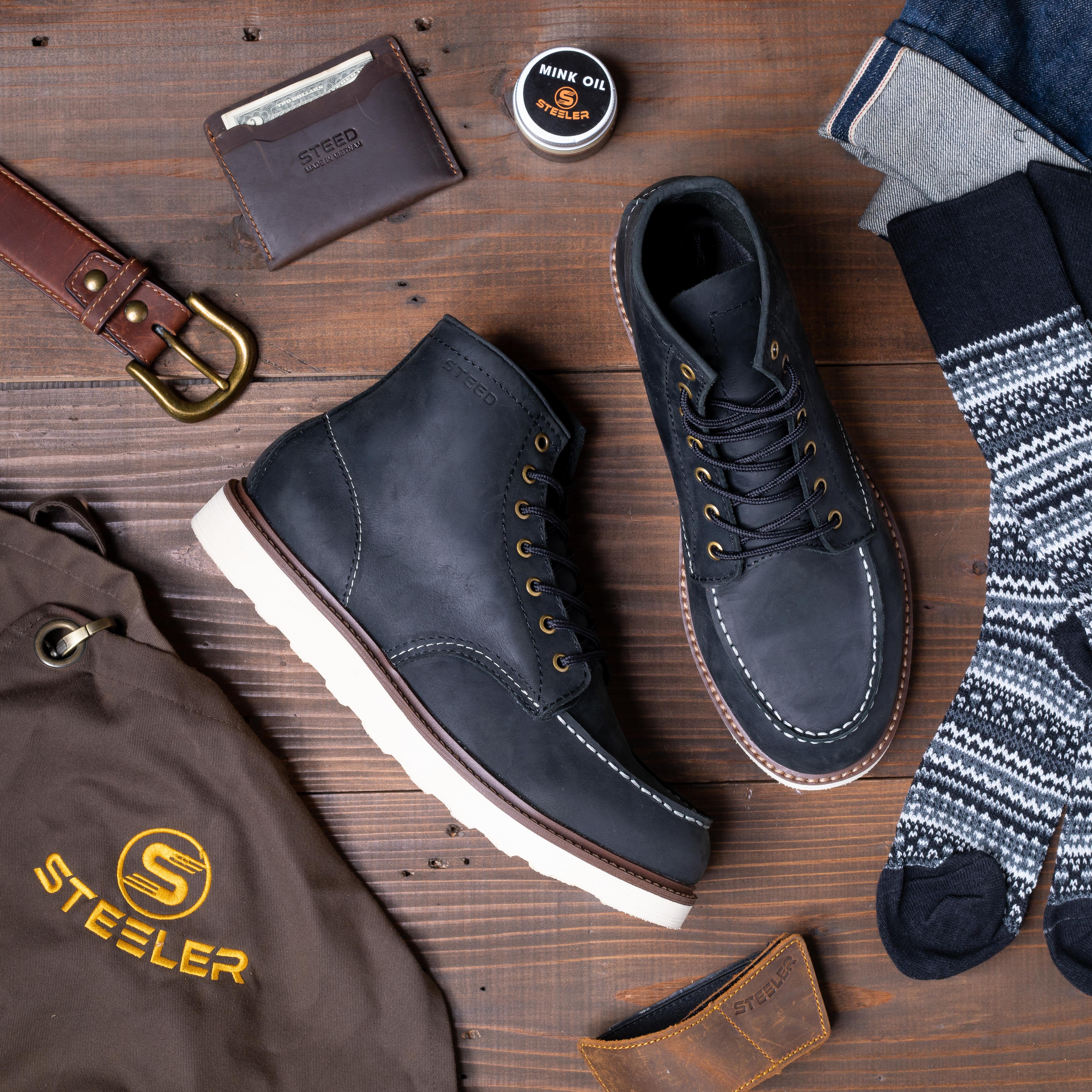 Giày Boots Cổ Cao Nam Moctoe Da Bò Đen Sáp Đế Khâu Mckay