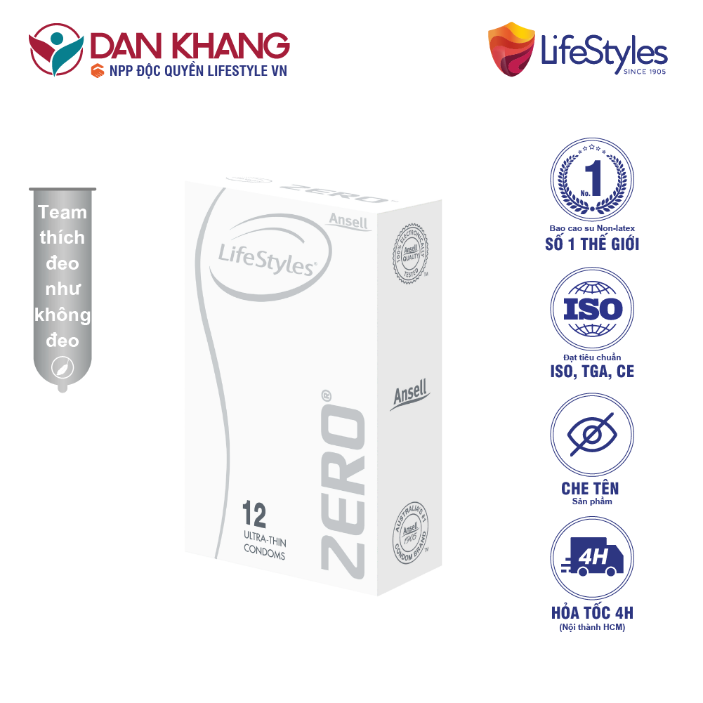 Bao cao su lifestyles zero super thin siêu mỏng cao cấp hộp 12 bao