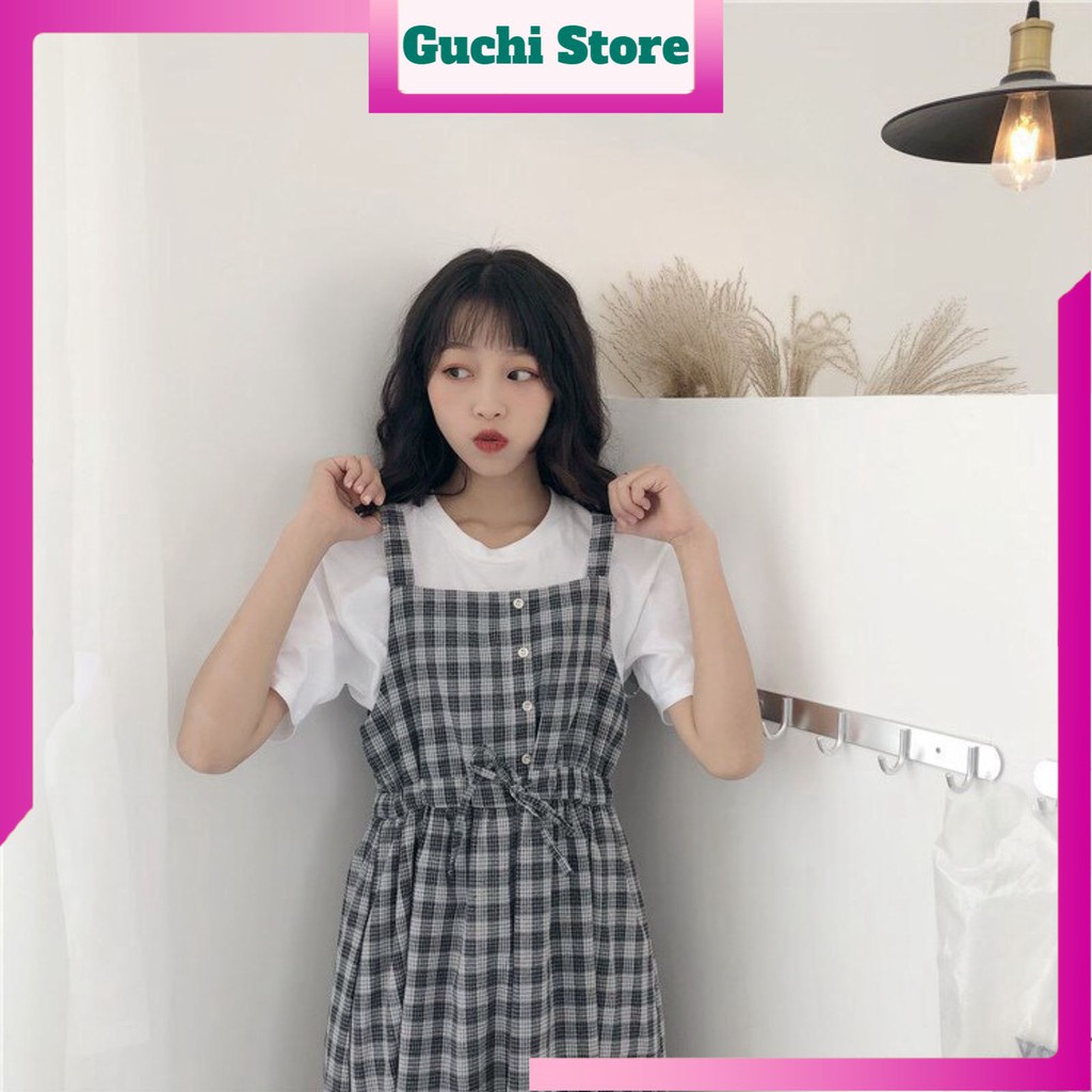Váy Yếm Kẻ Caro 2 Dây Có Dây Buộc Eo Form Dưới 65Kg