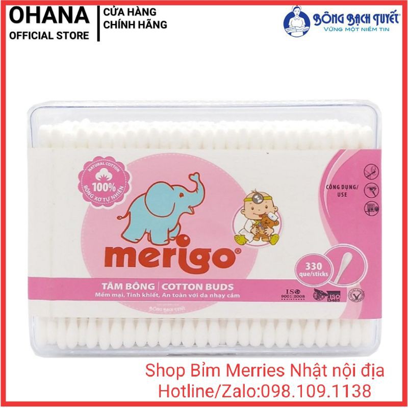 Tăm bông merigo bông bạch tuyết cho bé 55, 120, 330 que