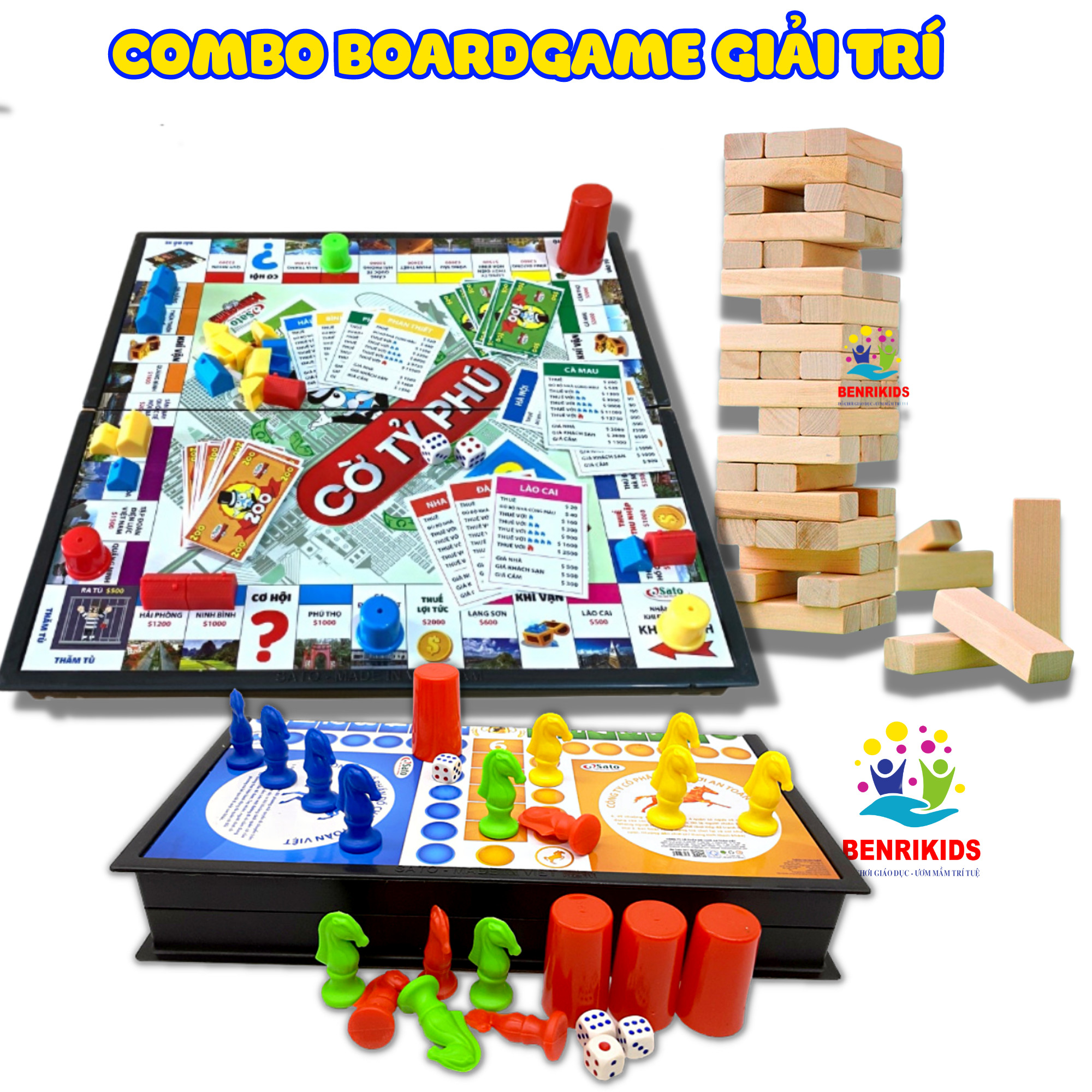 Combo board game giải trí cờ tỷ phú cờ cá ngựa và bộ đồ chơi rút gỗ 48 thanh loại to