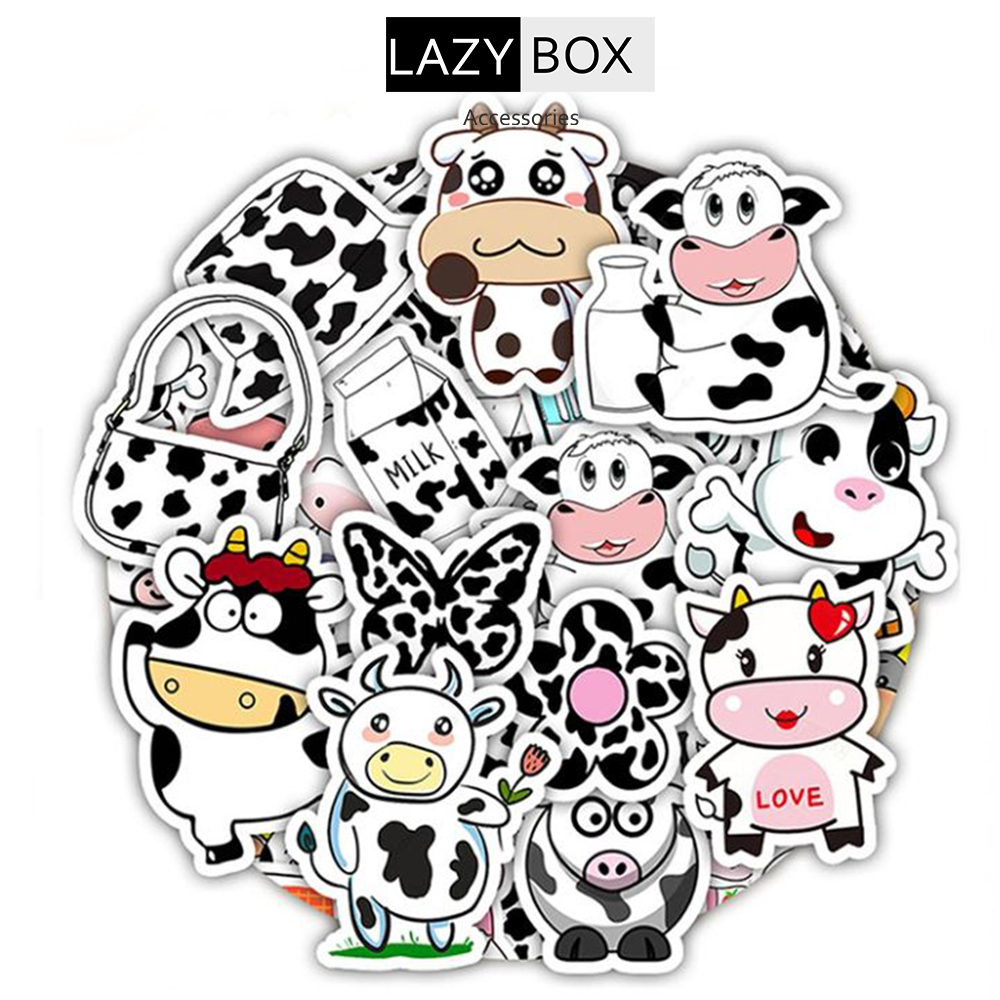 Bộ sticker trang trí mũ bảo hiểm, đàn, guitar, ukulele, điện thoại laptop chủ đề bò sữa