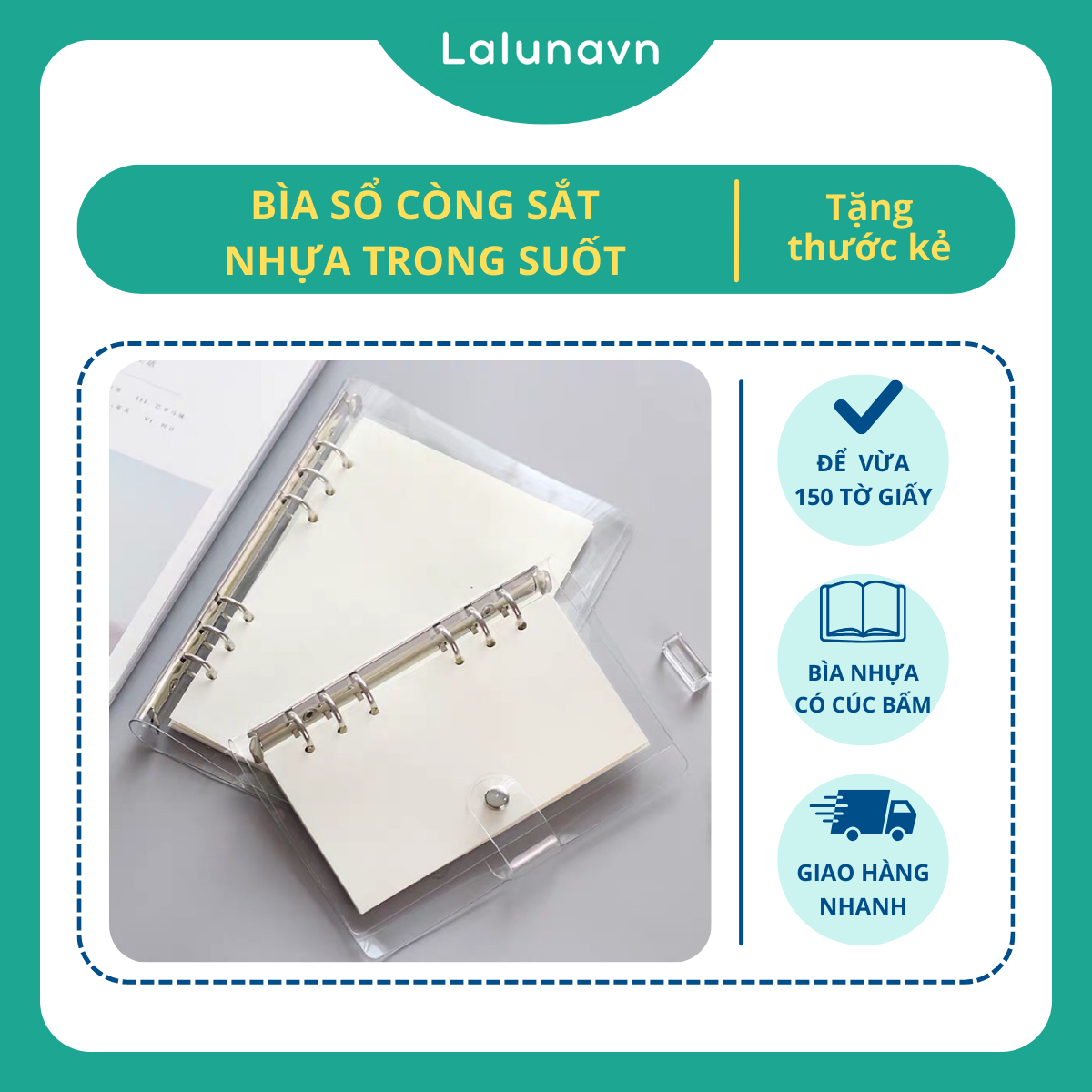 Bìa sổ còng nhựa trong DẺO cúc bấm A4 B5 A5 A6 tặng kèm thước phụ kiện sổ còng Lalunavn