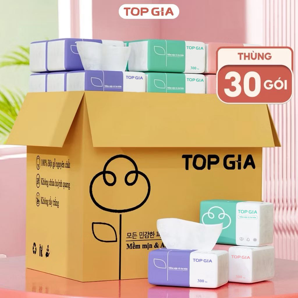 Giấy ăn rút thùng 30 gói Khăn giấy cao cấp Top Gia 4 lớp dày dặn an toàn cho mọi làn da