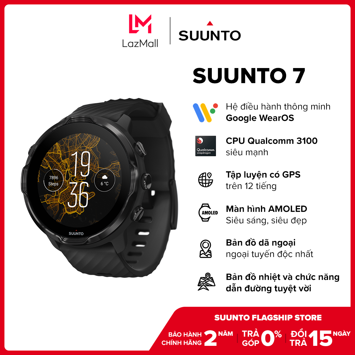 Đồng hồ thông minh suunto 7 - hỗ trợ thể thao, định vị gps | dây silicon - bảo hành 2 năm