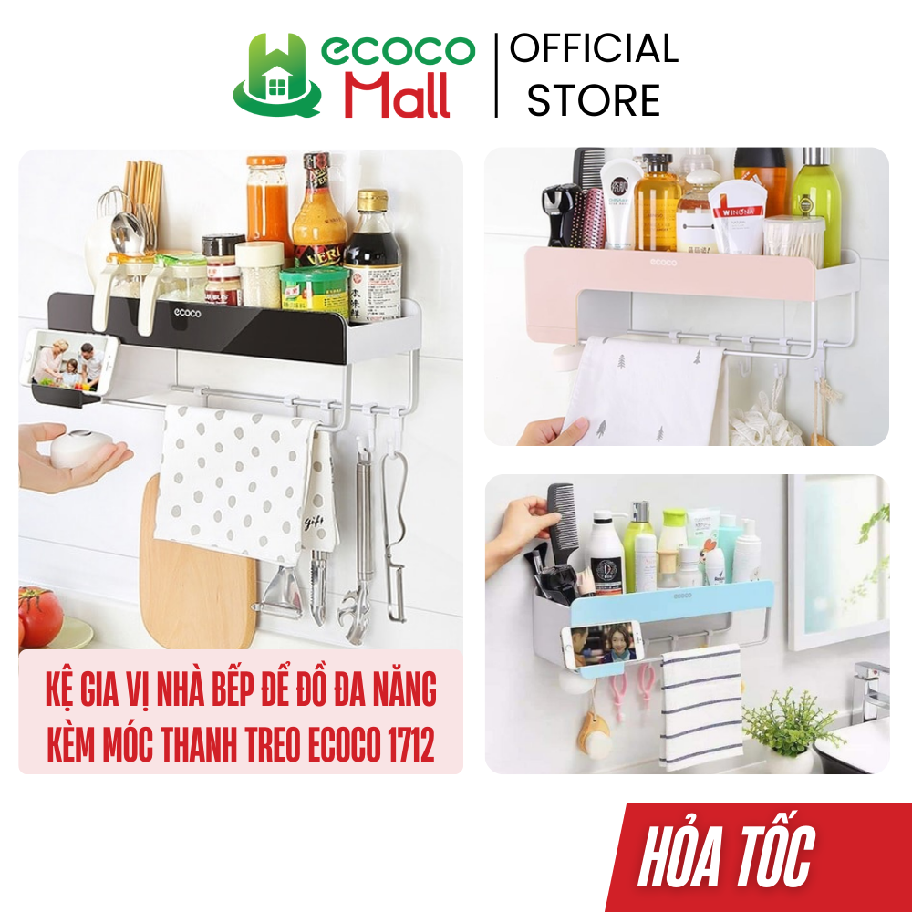 Kệ gia vị nhà bếp thông minh ECOCO | Kệ để đồ đa năng kèm móc, thanh treo khăn 1712