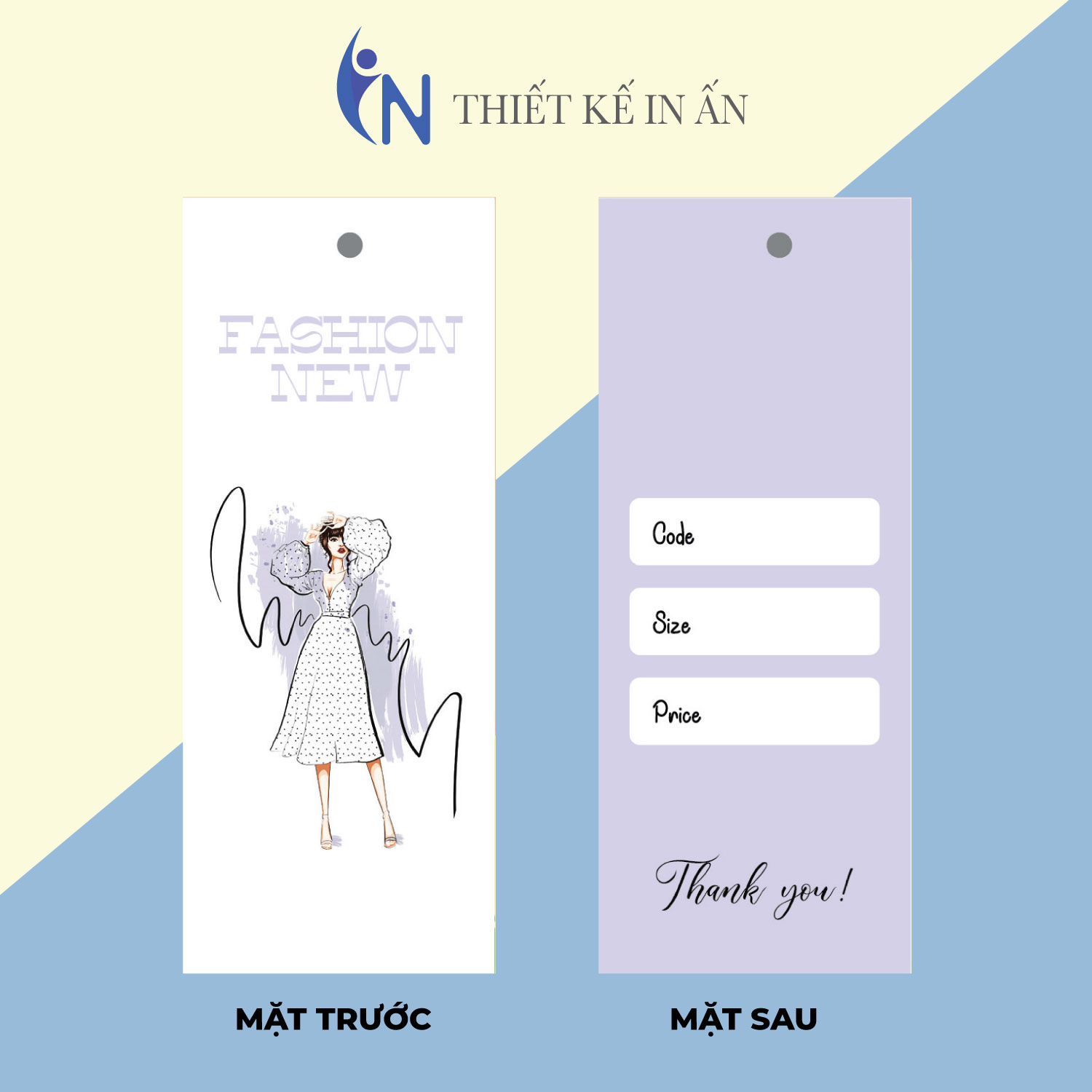 Mác quần áo, Tag nhãn quần áo,  IN GIÁ RẺ cho shop bán hàng quần áo thời trang, bìa cứng, cán màng chất lượng cao - Gói 100 bộ - size 3.6x9cm