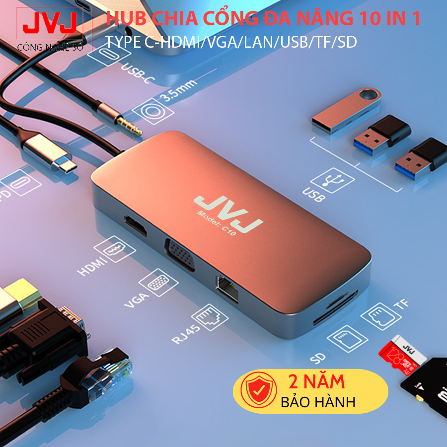 Hub Type-C USB JVJ C10/C8/C6plus/C4 cổng chuyển đổi đa năng chia cổng cho MacBook, Laptop- thiết bị hỗ trợ  Type C, chia cổng USB 3.0 tốc độ 500Mb/s SD, TF, 4K,HDMI,LAN,VGA,PD,3.5 - Bảo hành 2 năm