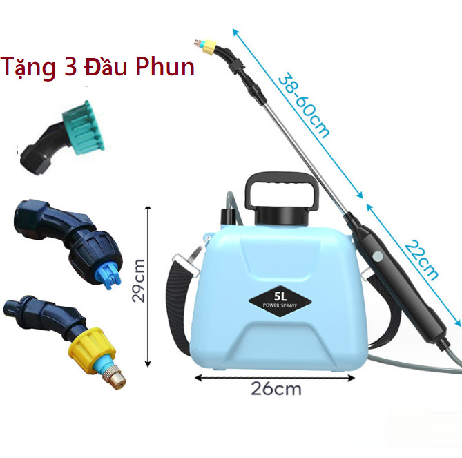 Bình Phun Xịt Nước Tưới Cây Dùng Pin Sạc Cầm Tay 5L Tặng Kèm 3 Đầu Phun