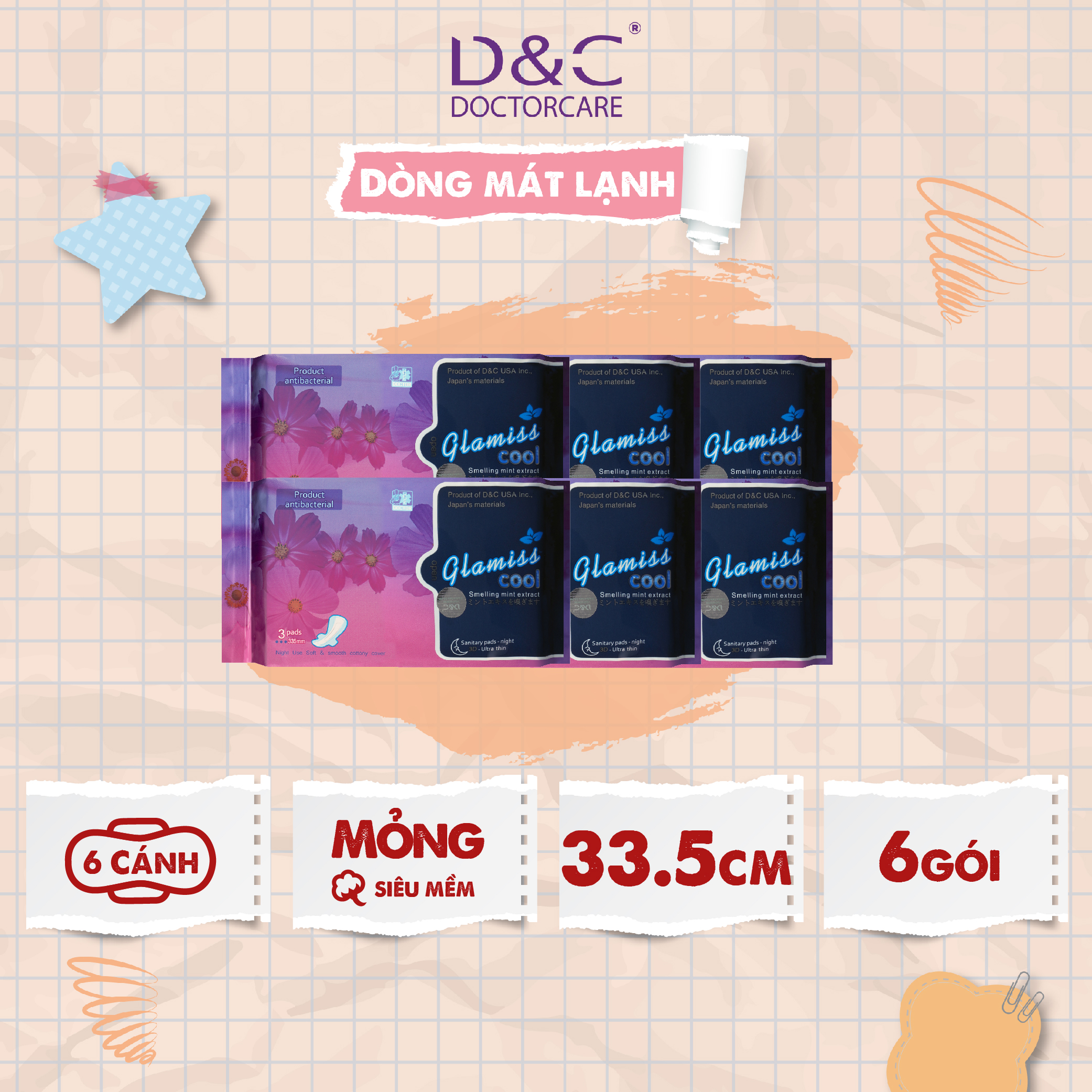 Băng vệ sinh thảo dược Glamiss Cool ban đêm 33.8cm, băng vệ sinh nguyên liệu từ thiên nhiên xuất xứ Nhật Bản, Đài Loan