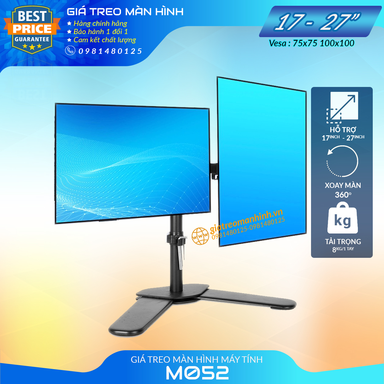 Giá Treo 2 Màn Hình M042 Cao Cấp 17-27 Inch / Tải Trọng 8Kg  - Thiết Kế Chân V Để Bàn