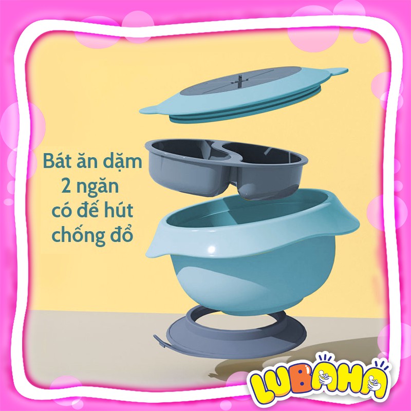 Bát ăn dặm lubaha 2 ngăn cho bé có đế hút chống đổ, bát nhựa cho bé tập ăn cao cấp kèm nắp đậy
