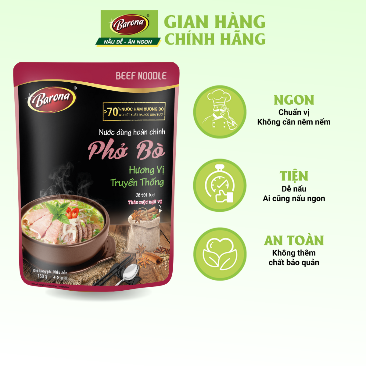 Nước Dùng Phở Bò Barona Hương Vị Truyền Thống gói 150g tươi ngon chuẩn vị không cần nêm nếm