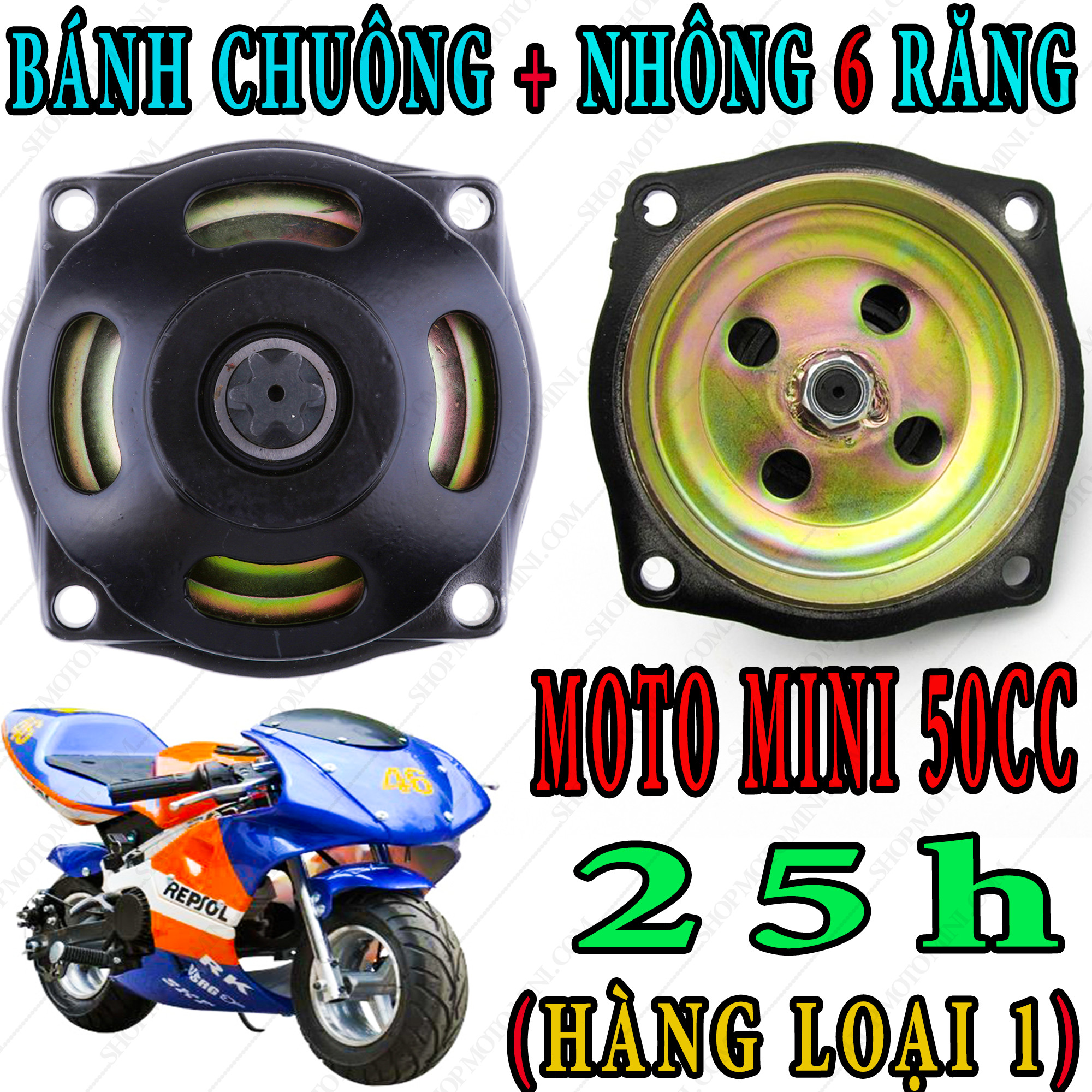 Phụ tùng bánh nhông trước 6 răng ( Hàng Loại 1 ) moto mini 50cc ( 25h ) | bộ chuông bố nồi nhông trước dùng cho sên xích (25h)  xe máy cắt cỏ