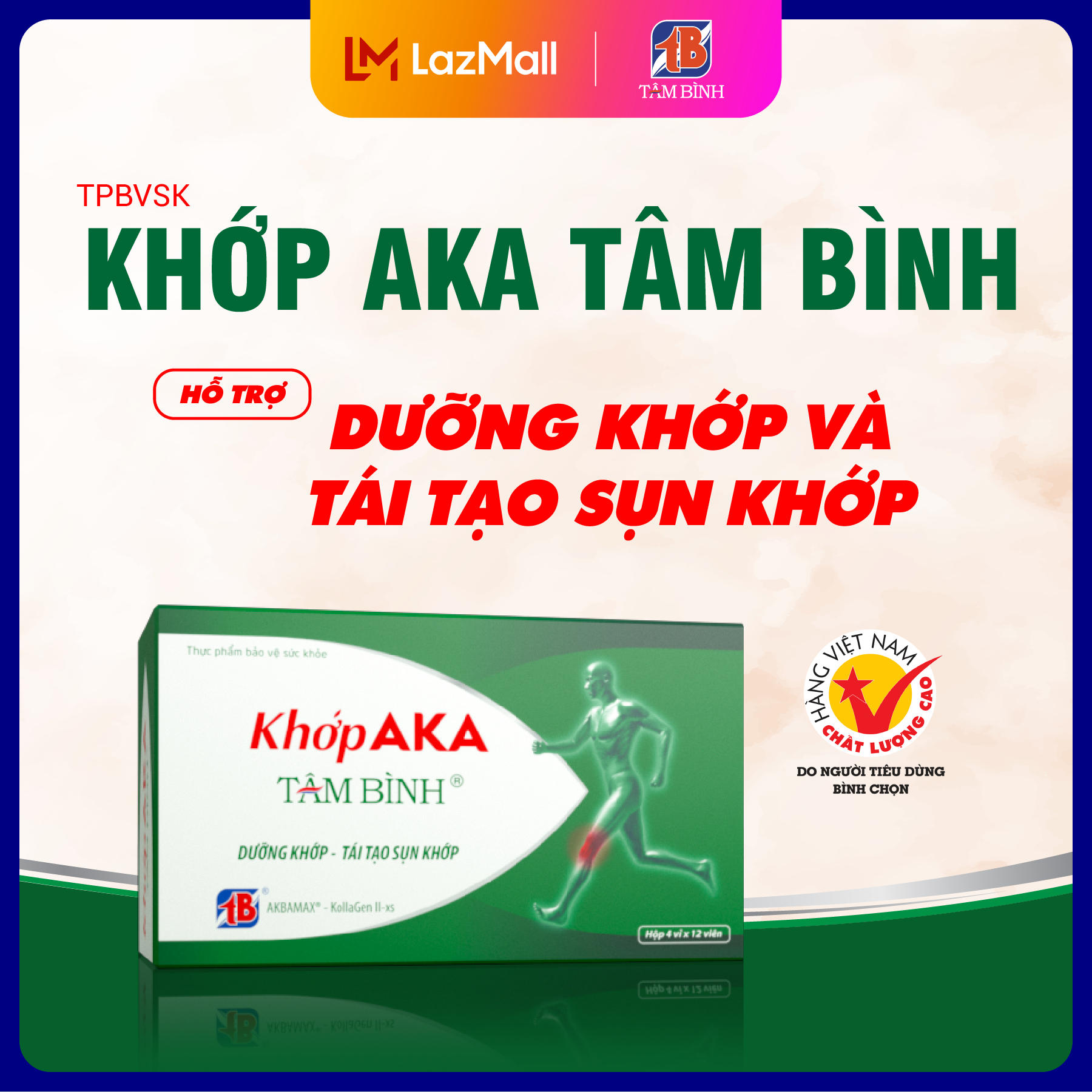 Viên khớp AKA Tâm Bình - Hỗ trợ dưỡng khớp, tái tạo sụn khớp hộp 5 vỉ x 12 viên