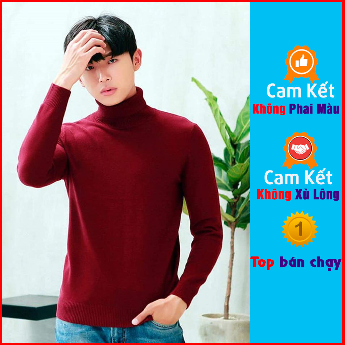 Áo len nam cổ cao - áo len nam cổ lọ màu đỏ đô