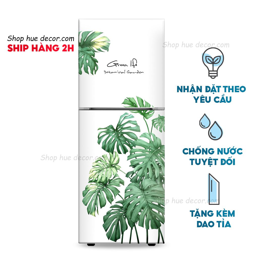Decal dán tủ lạnh trang trí, giấy dán tủ lạnh hue decor họa tiết lá cây nhiệt đới chống nước sẵn keo, siêu bền giá tốt, nhận thiết kế theo yêu cầu