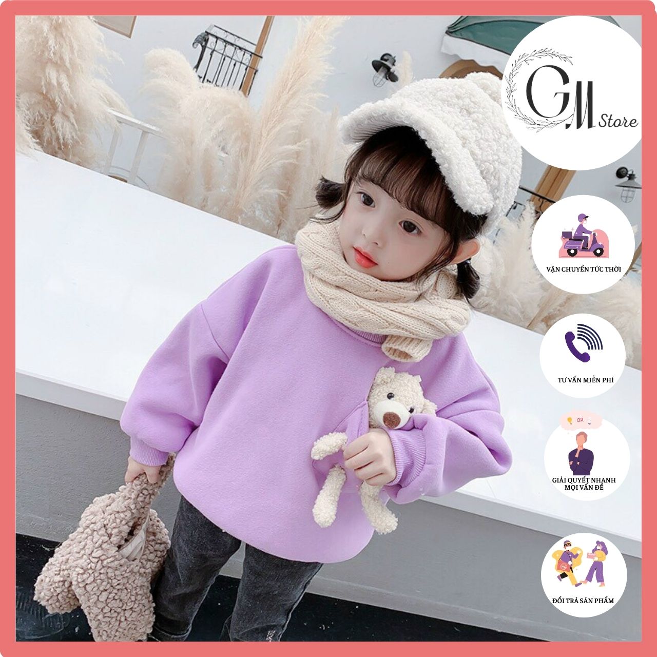 Áo nỉ bông túi gấu diện thu cho bé gái