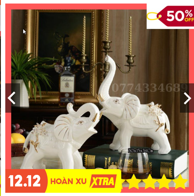 Cặp 2 tượng voi gốm sứ trắng mạ trang trí bàn -tủ -kệ cao cấp hàng nội địa trung