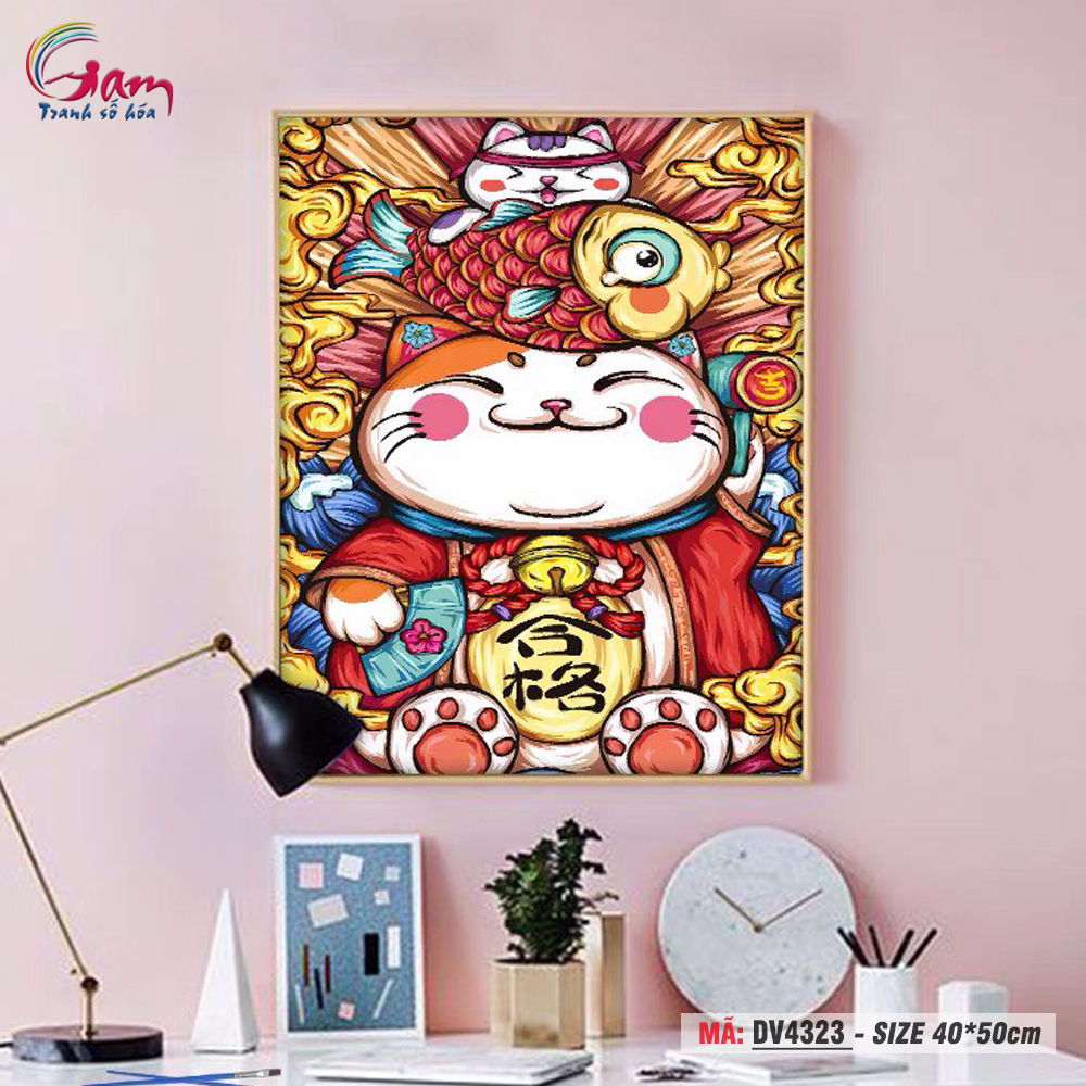 Tranh tô màu theo số Gam mèo thần tài DV4323