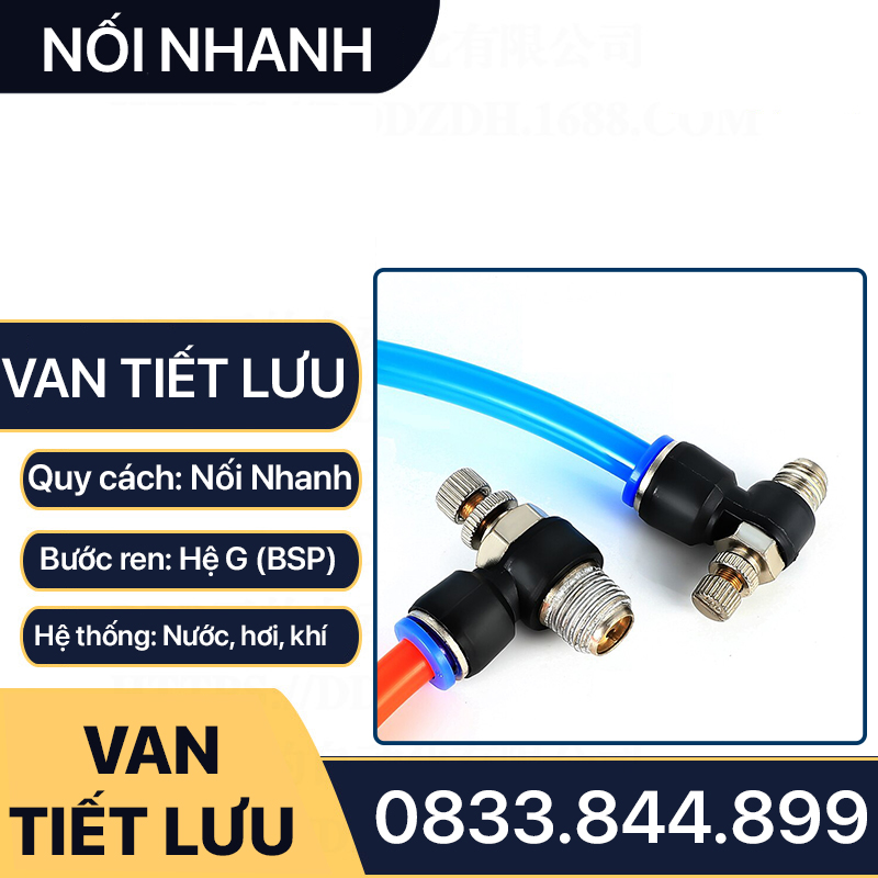 Van tiết lưu khí nén, co van tiết lưu ren ngoài khí nén ống 4 6 8 10 12mm