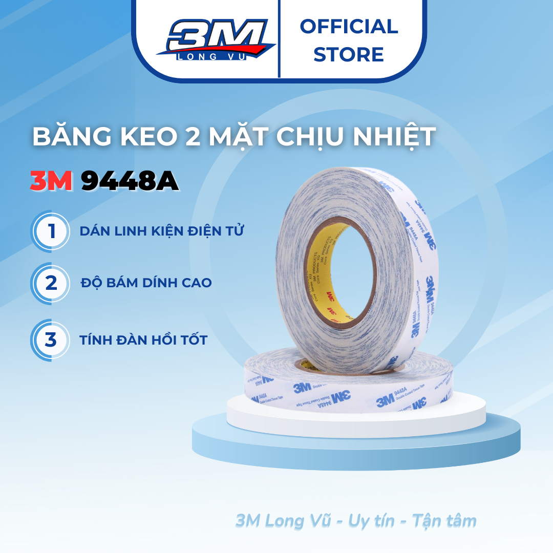 Băng Keo 2 Mặt Chịu Nhiệt Dán Linh Kiện Điện Tử 3M Khổ 08mm x 50m 9448A-08 -3M Long Vu