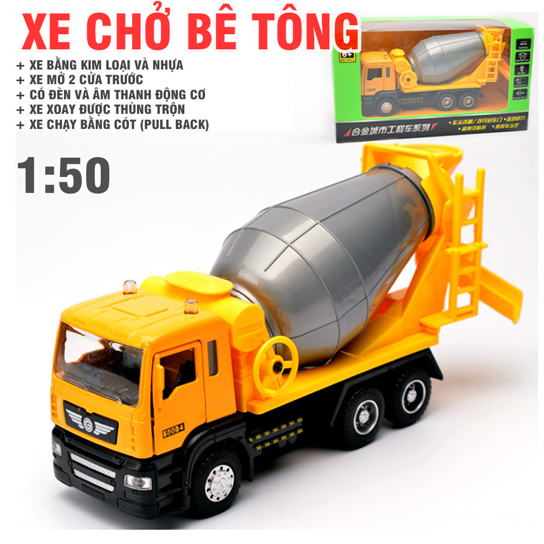 Đồ chơi Xe chở bê tông cho trẻ em mô hình tỉ lệ 1:50 đầu xe bằng sắt mở cửa xe có đèn và âm thanh