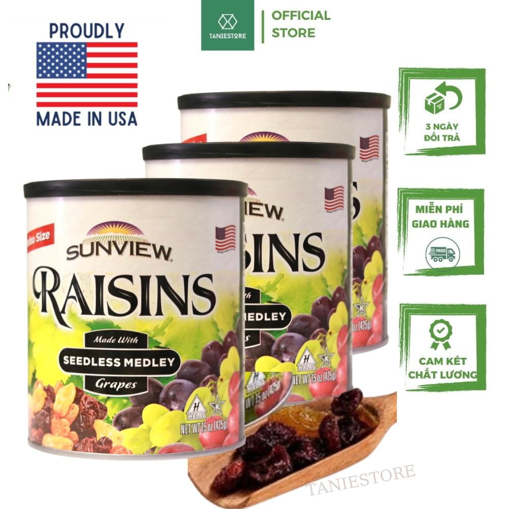 Nho khô Raisins Sunview nho sấy hộp 425G vị hỗn hợp hàng chuẩn của Mỹ loại ngon