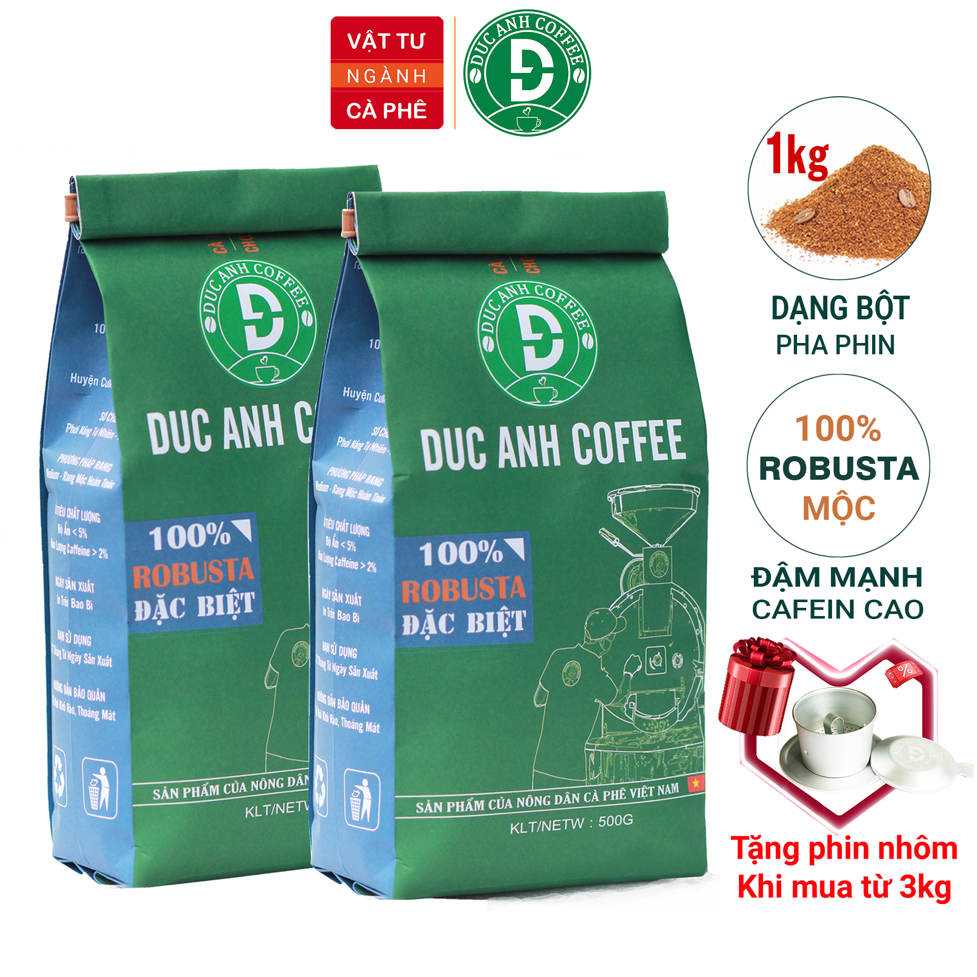 1kg cà phê Bột pha phin 100% Robusta - đậm vị mạnh cafein cao hậu ngọt lựa chọn trái chín 100% - thương hiệu cà phê rang mộc DUC ANH COFFEE - cafe Đức Anh - cafe pha phin