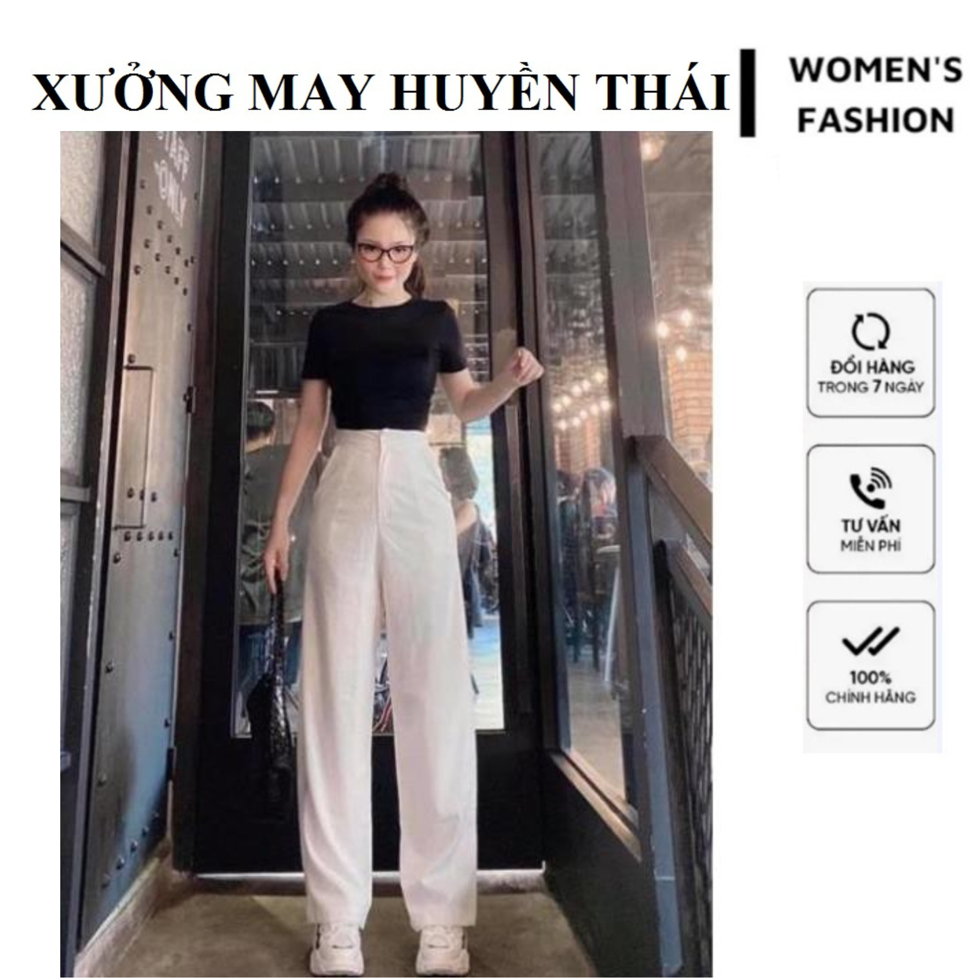 Quần ống rộng suông lưng cao vải đũi thái dài 100cm