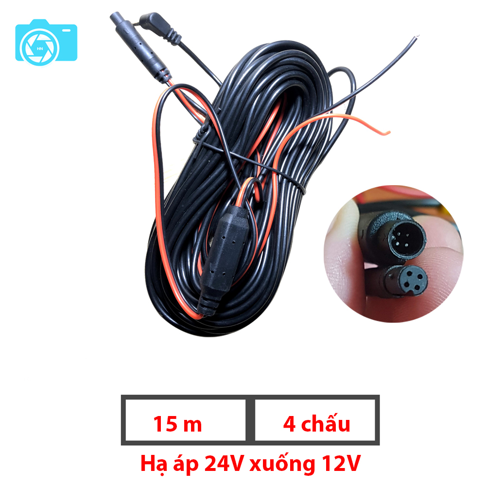 Dây tín hiệu camera lùi, kết nối camera hành trình ô tô, dài 15m, 4 chấu, jack 2.5mm, có cục đổi nguồn 24V xuống 12V