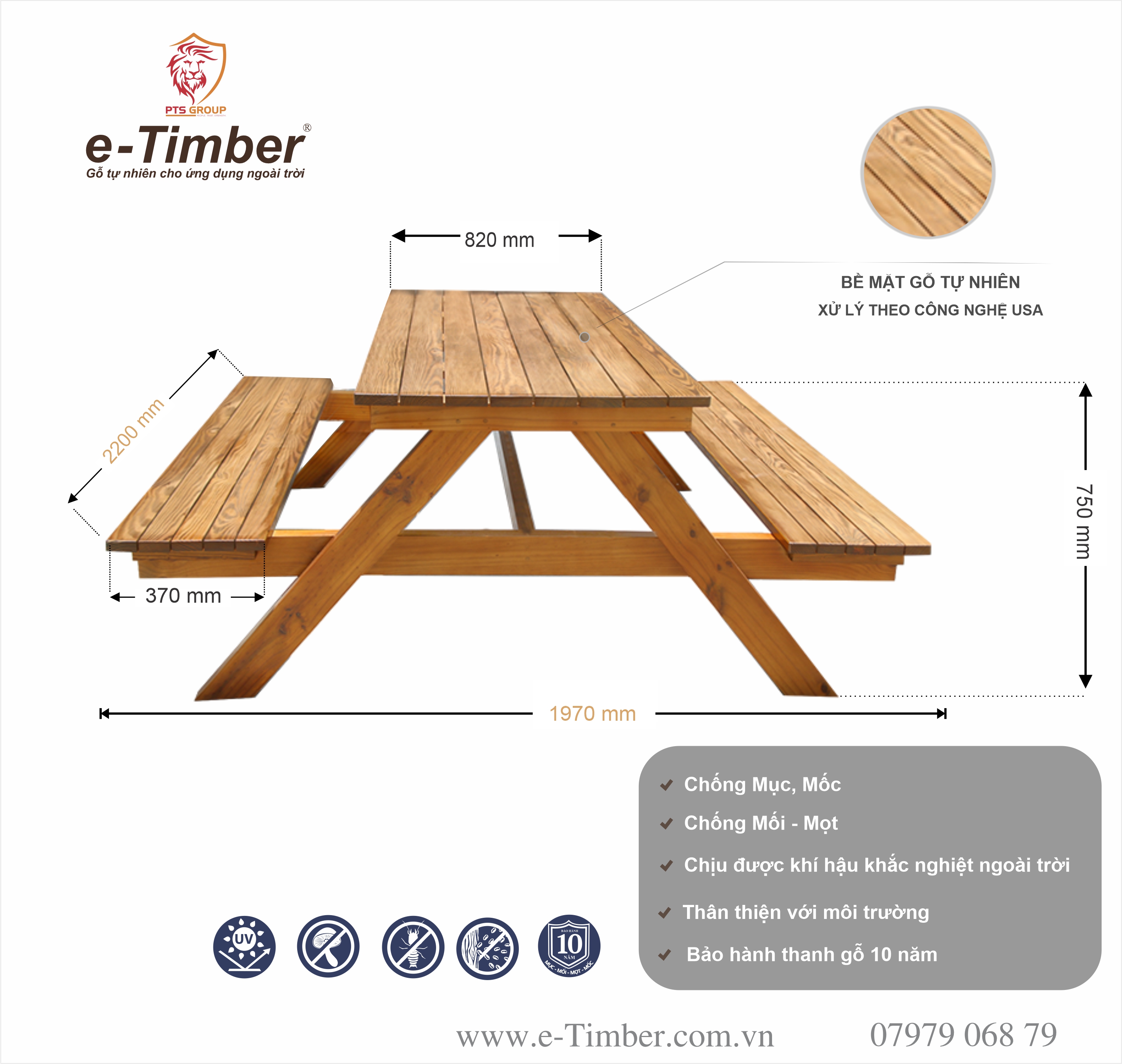 Bộ bàn ghế chữ A-2200 ngoài trời | Gỗ thông tự nhiên nhập khẩu xử lý theo công nghệ Mỹ chống 4M ( Mục, Mốc, Mối, Mọt)