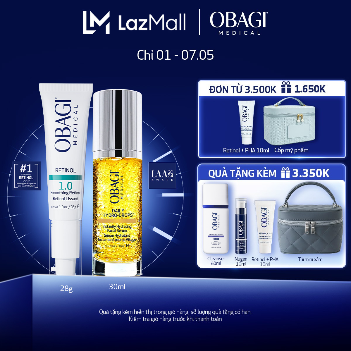 Bộ đôi dưỡng da Kem Chống Lão Hóa  Tái Tạo Da Obagi Retinol 1.0 28g và Serum Cấp nước Dưỡng ẩm Hydro Drops 30ml