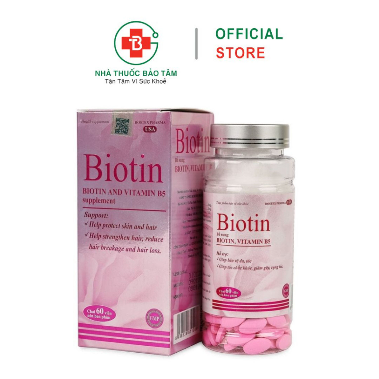 Biotin ROXTECH bổ sung Vitamin B5 giúp tóc chắc khỏe, giảm gãy rụng tóc 60 viên