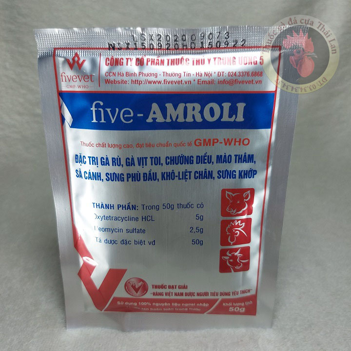FIVE AMROLI - THUỐC GÀ ĐÁ - ĐẶC TRỊ GÀ RÙ , GÀ TOI - 1 gói / 50 gram