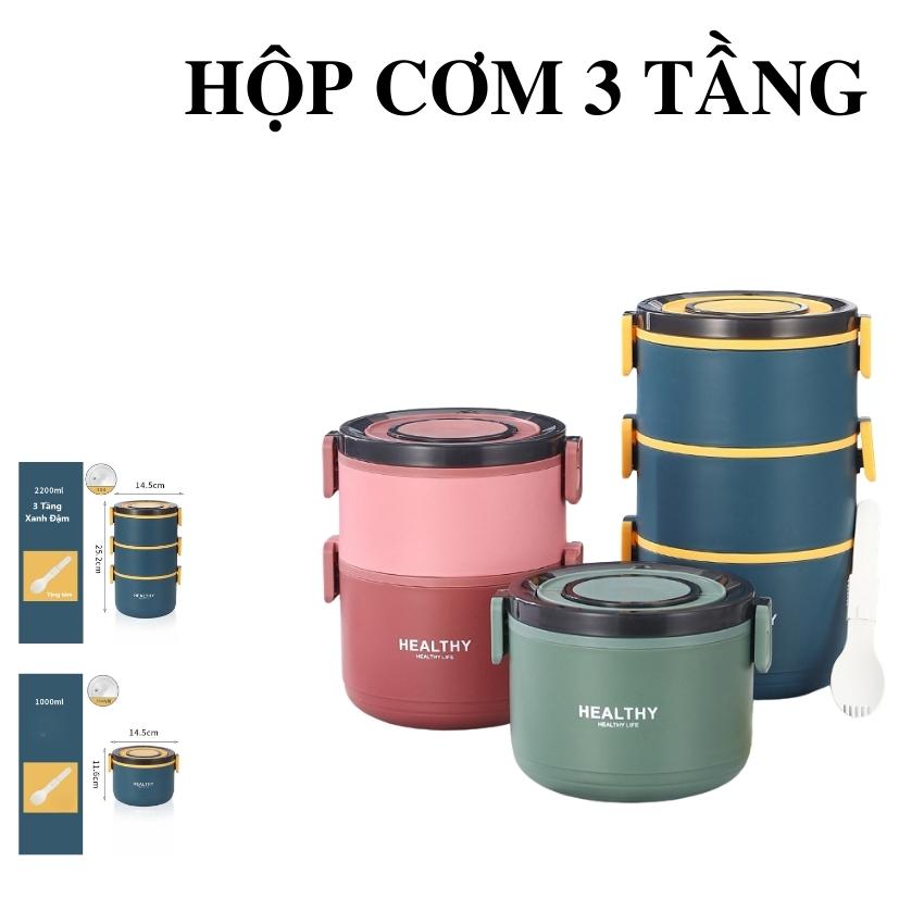 Hộp cơm giữ nhiệt, hộp cơm giữ nhiệt văn phòng 3 tầng, cặp lồng ủ cơm 3 tầng, cà mên giữ nhiệt hộp đựng thức ăn 3 tầng Gourmet, Healthy - Hàng chính hãng