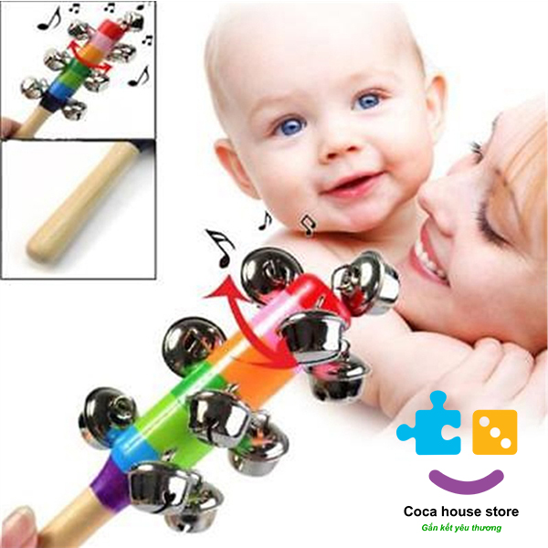 Lục lạc cầm tay cán gỗ màu cầu vồng cho bé