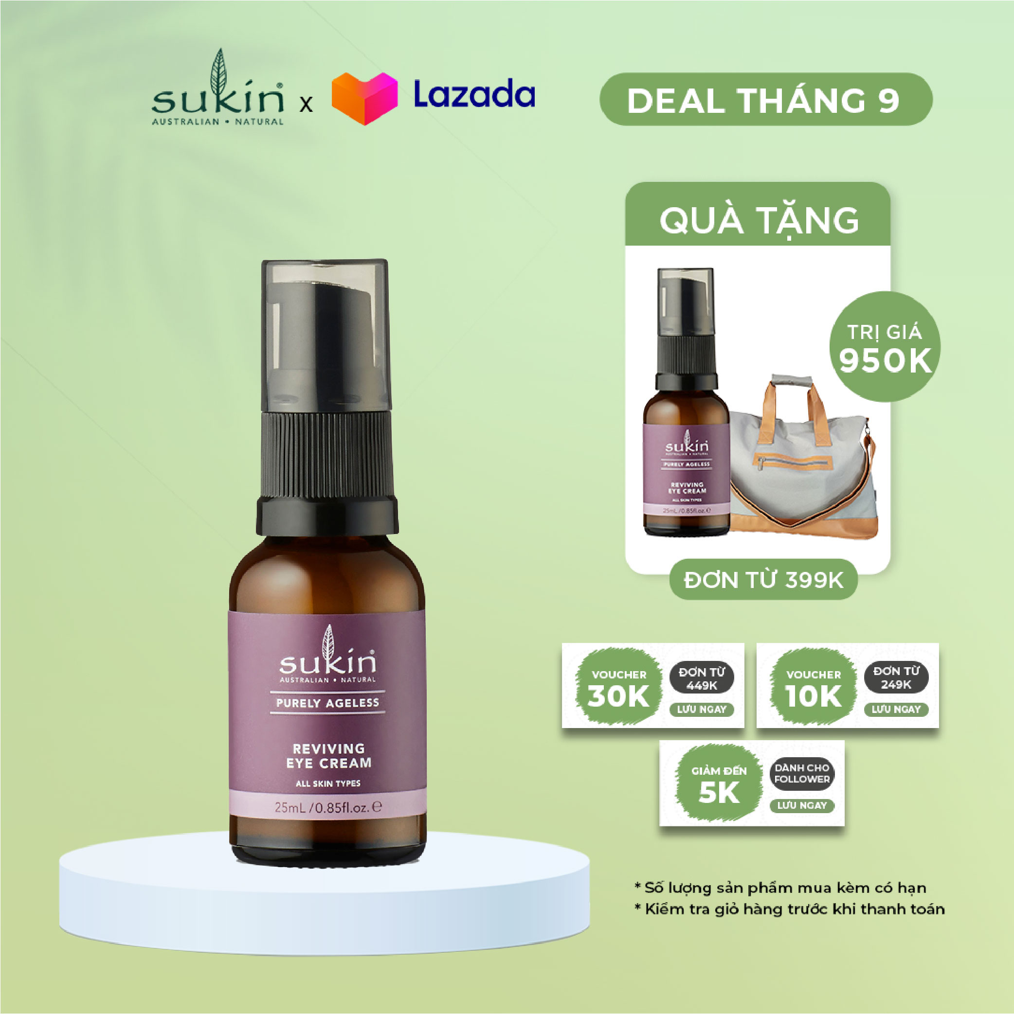 Kem Dưỡng Giảm Nếp Nhăn Và Quầng Thâm Vùng Da Quanh Mắt Sukin Purely Ageless Reviving Eye Cream 25ml (HSD: 14/07/2024)