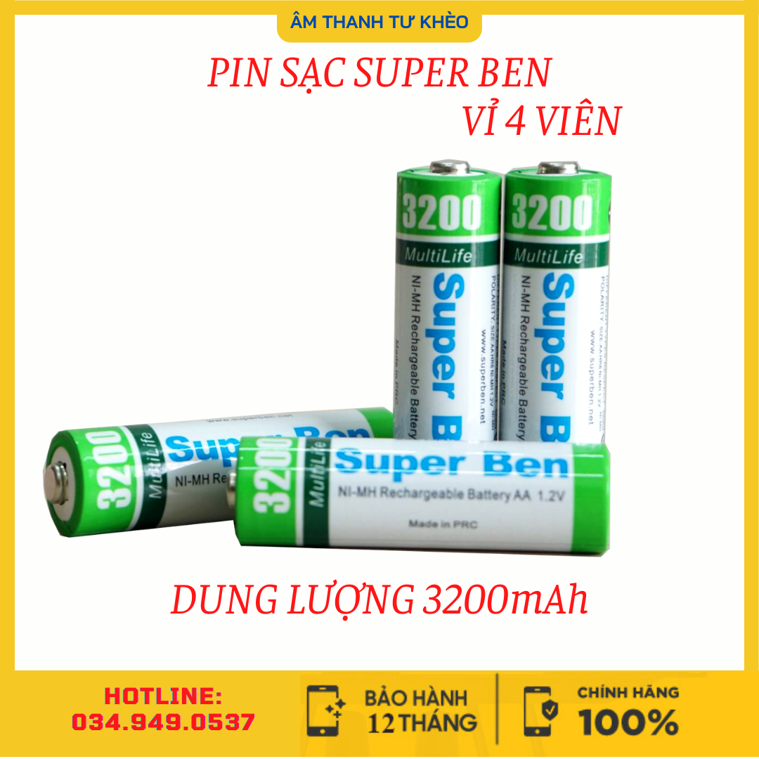 Pin sạc aa super ben vỉ 4 viên, dung lượng 3200mah dùng liên tục 6 giờ, công nghệ nhật bản