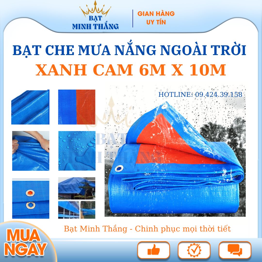 Bạt xanh cam 6m x 10m, Bạt che ngoài trời, Bạt che nắng mưa, bạt phủ khổ to dày tốt. Tấm bạt công nghệ Hàn Quốc